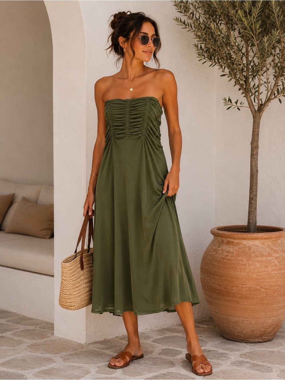 Anthropologie Olive Green Strapless Ruched Midi Dress